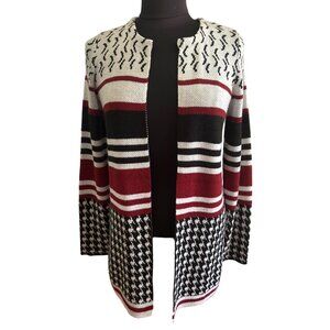 New Directions Petite Open Front Cardigan Sweater Size PS Black/White/Red